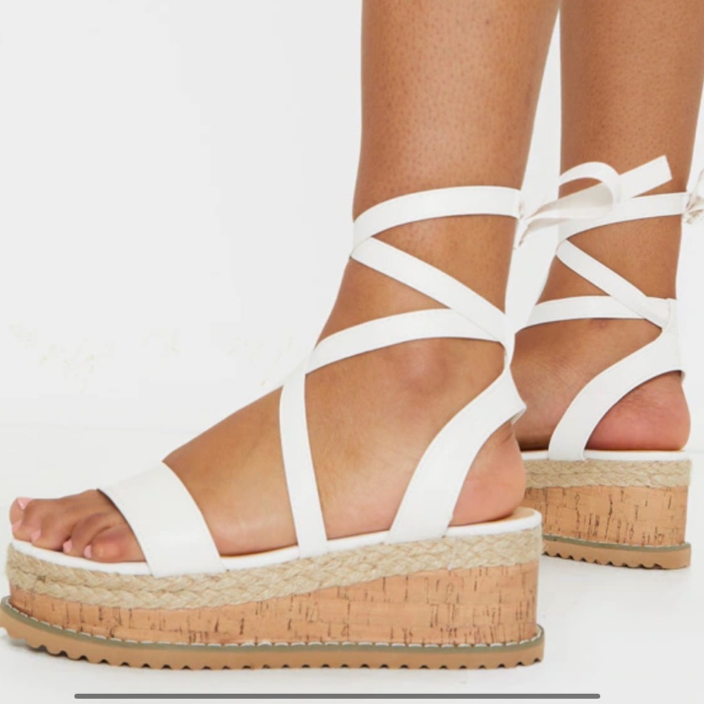 White leather lace up sandals